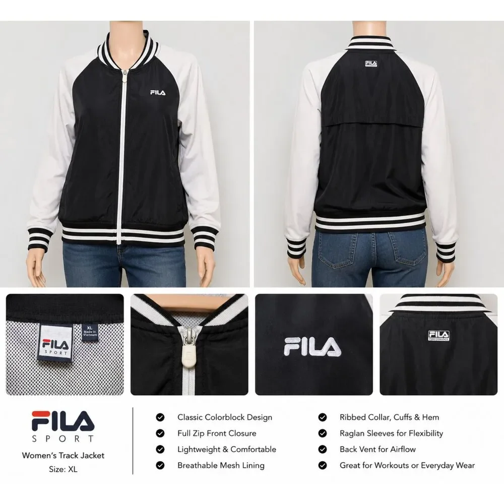 Fila Sport Womens XL Black White Zip Up Athletic Track Jacket Activewear - Picture 4 of 4